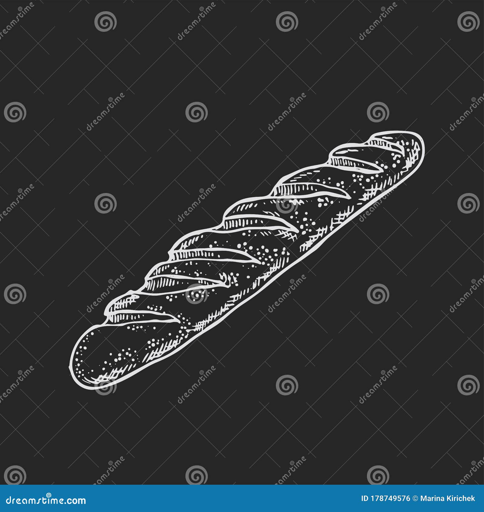 baguette bread  drawing on a black background. bakery product sketch. vintage food  for shop, bread