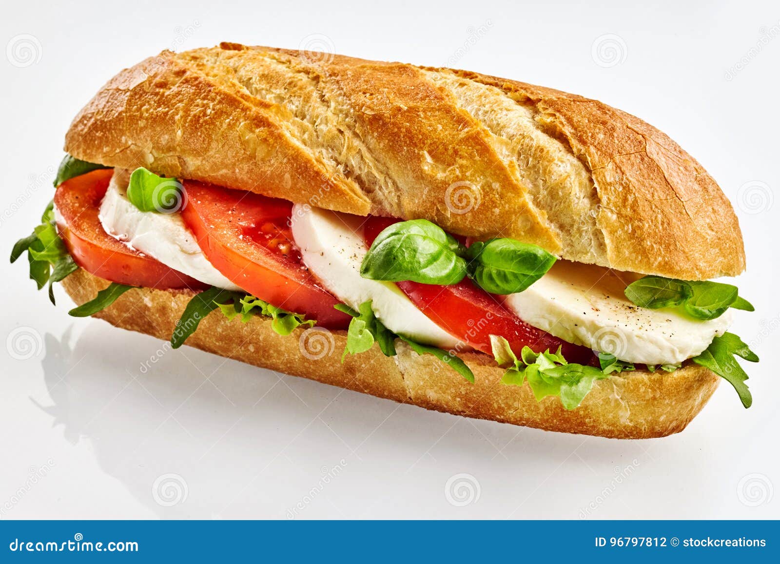 Baguette Sandwich with Cheese, Tomato and Basil Stock Photo Image of