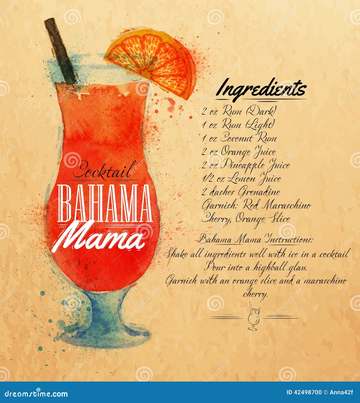 Bahama mama cocktails drawn watercolor blots and stains with a spray 