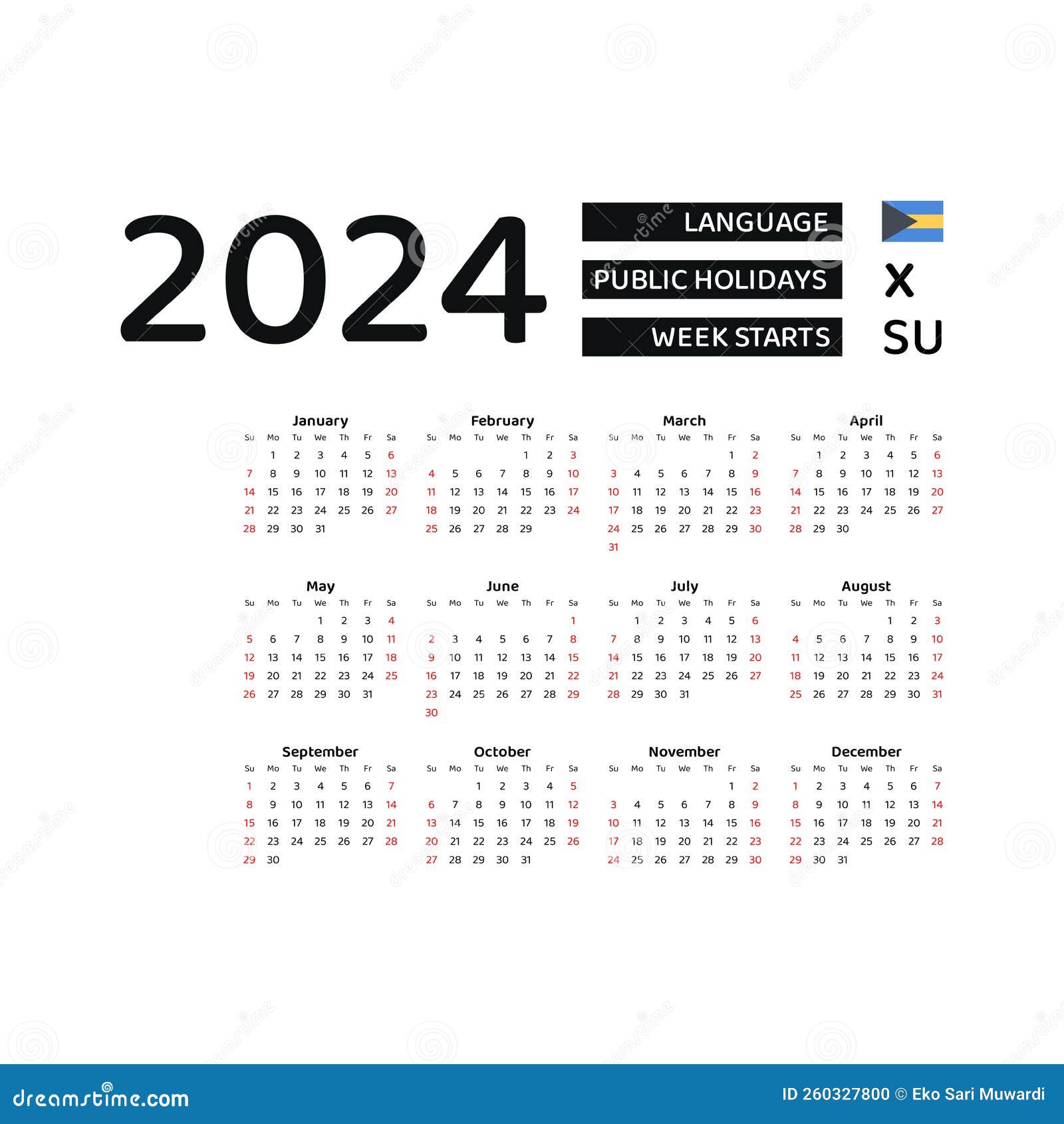 Bahamas Calendar 2024. Week Starts from Sunday. Vector Graphic Design