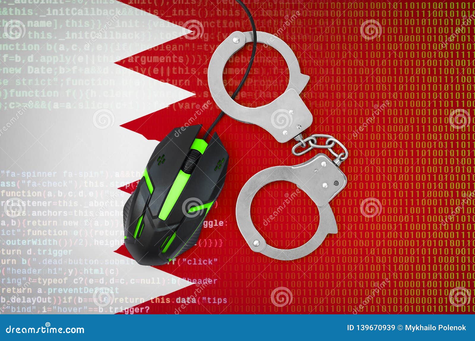 Bahrain Flag and Handcuffed Computer Mouse. Combating Computer Crime