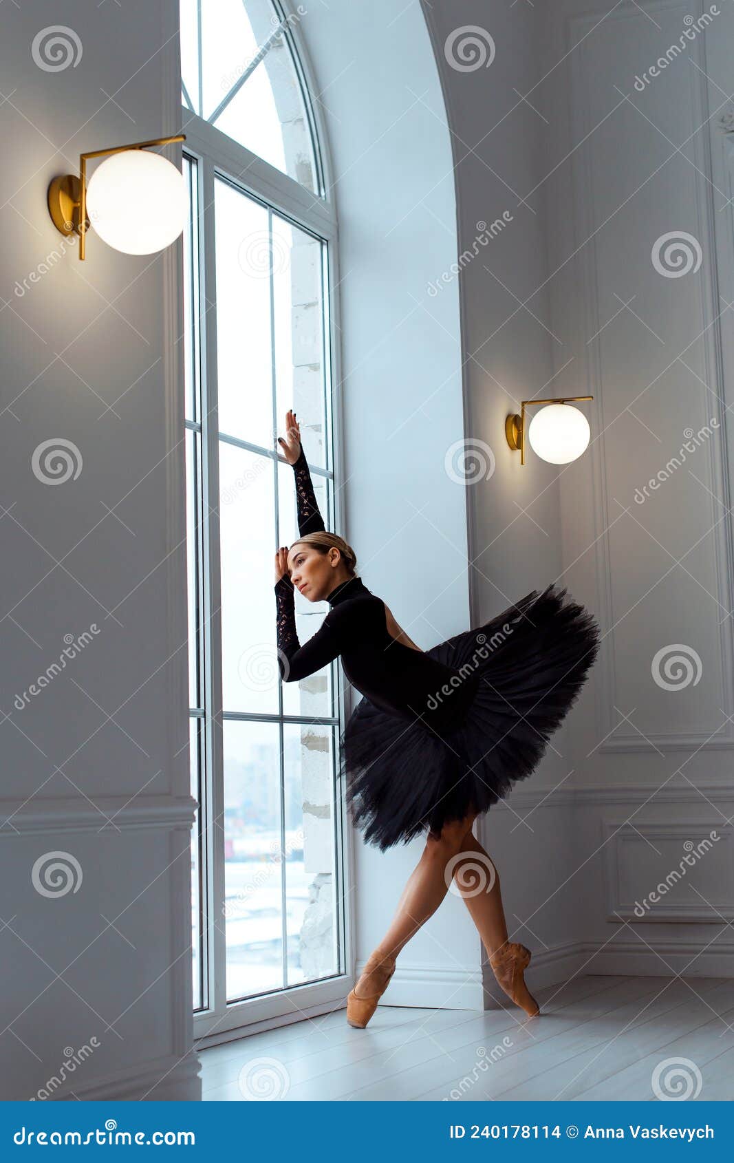Bailarina Con Falda De Ballet De Tutu Negro Y Leotardo Con Puntillas En  Zapatos De Punta Cerca De La Ventana Foto de archivo - Imagen de ejercicio,  elegante: 240178114