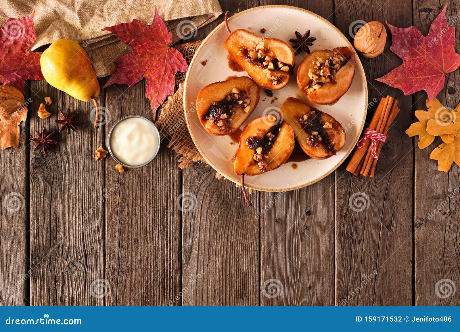 Sweet Baked Autumn Pears, Above View, Top Border on a Rustic Wood ...