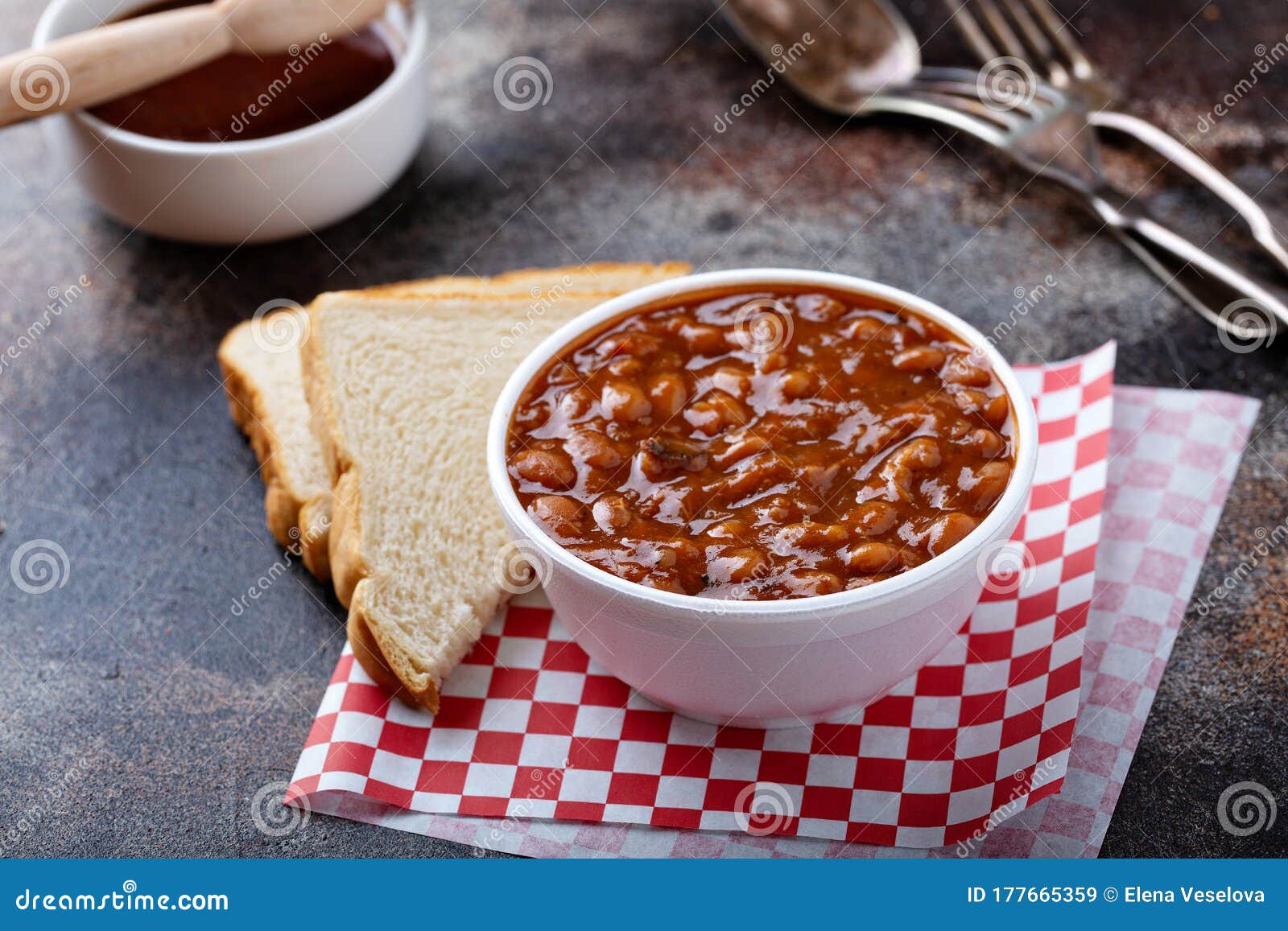 Baked beans in a foam bowl stock image. Image of foam 177665359