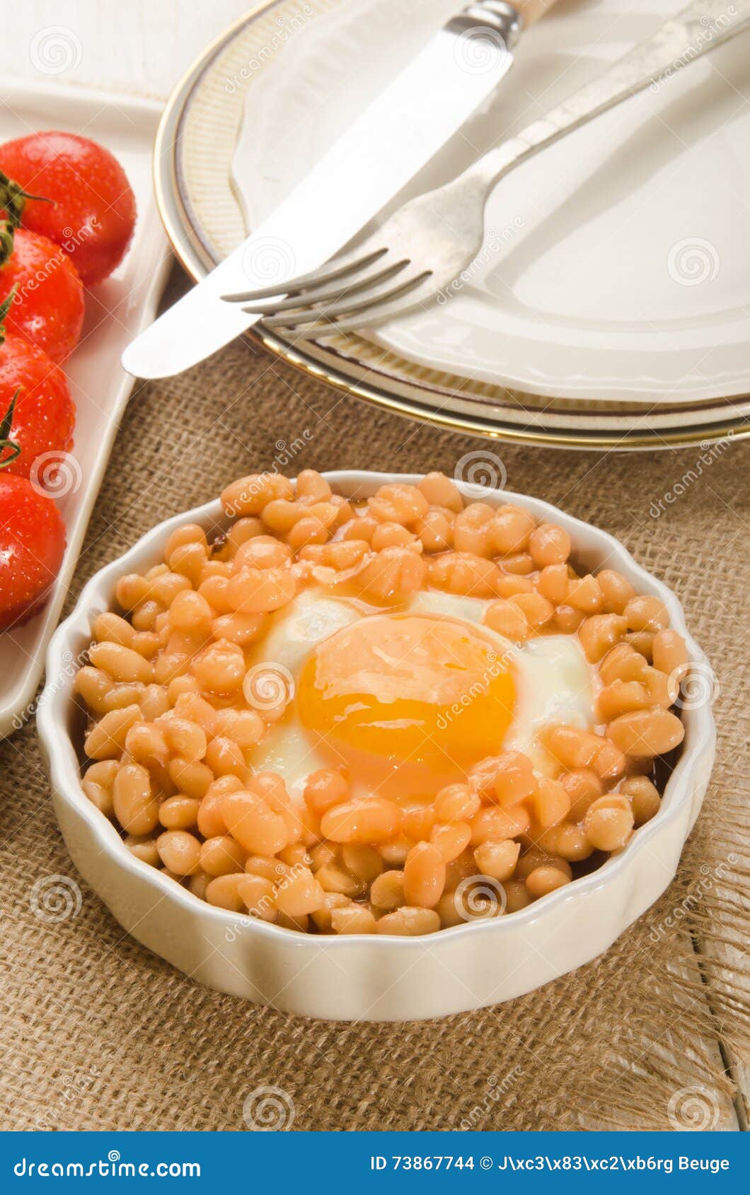 Baked Beans with Fried Egg in a Round Serving Plate Stock Photo Image