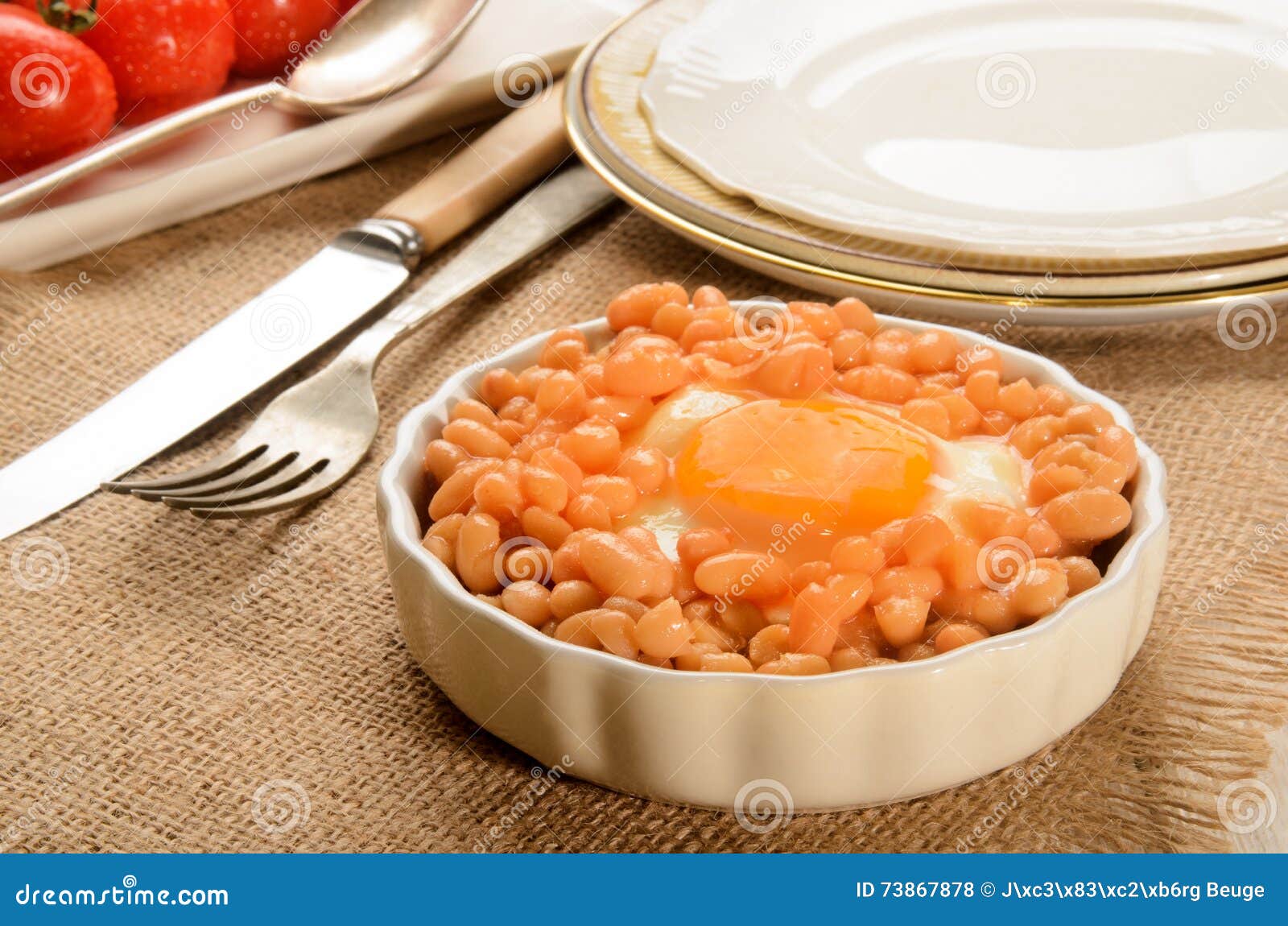 Baked Beans with Fried Egg in a Round Serving Plate Stock Photo Image