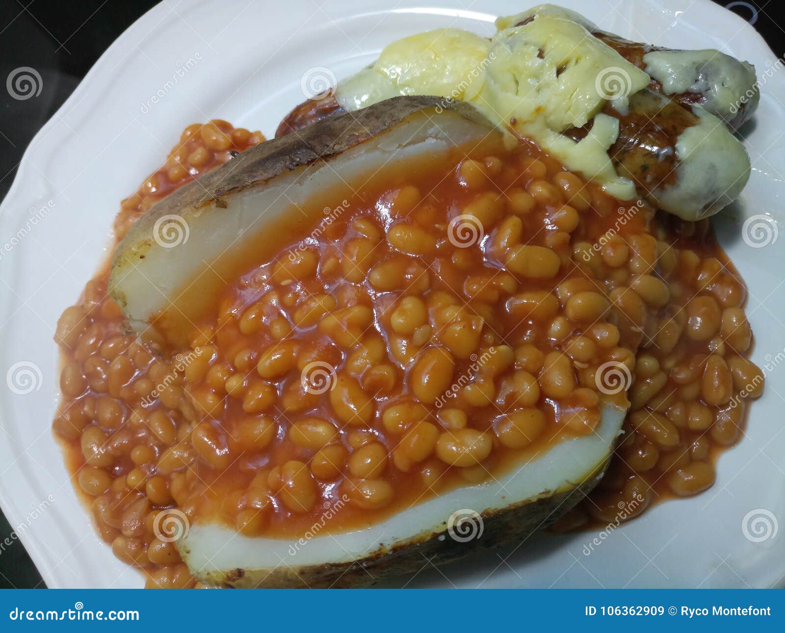Jacket Potato and Cheesy Sausages Stock Image Image of baked, beans