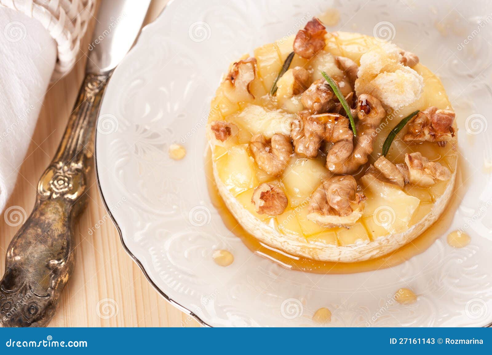 Baked Cheese with Honey, Nuts and Rosemary Stock Image Image of