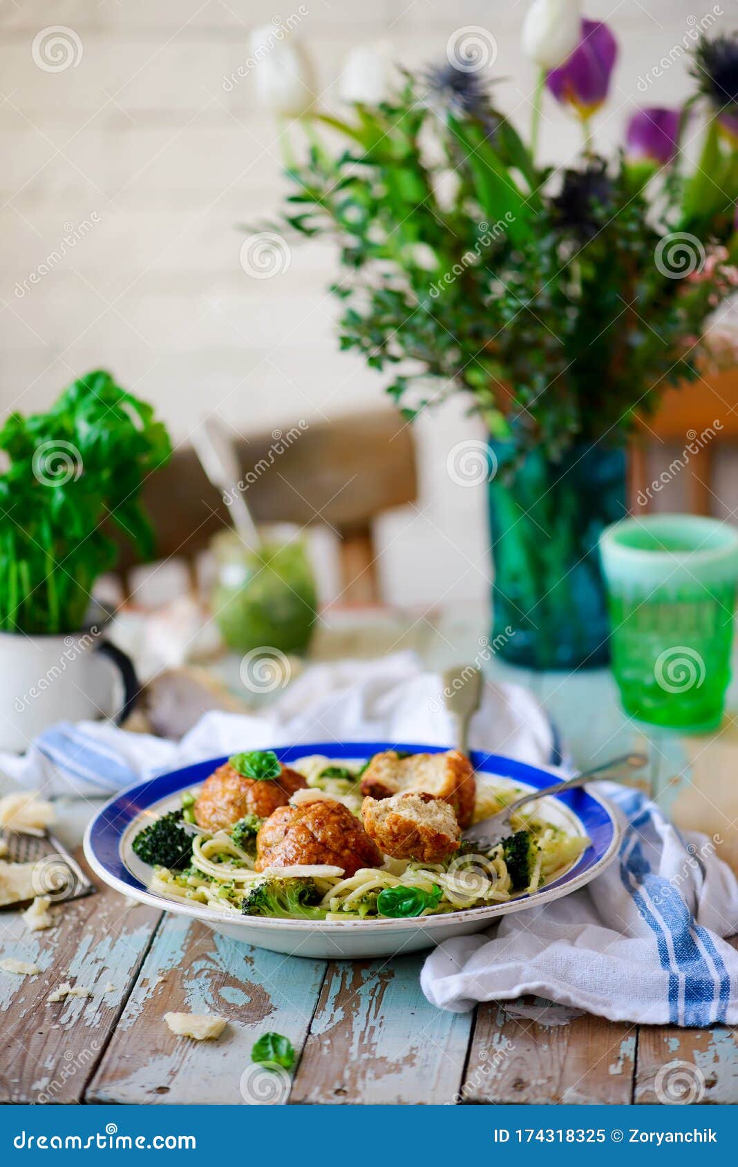 Baked Chicken Meatballs with Broccoli Pesto Pasta.. Style Rustic Stock