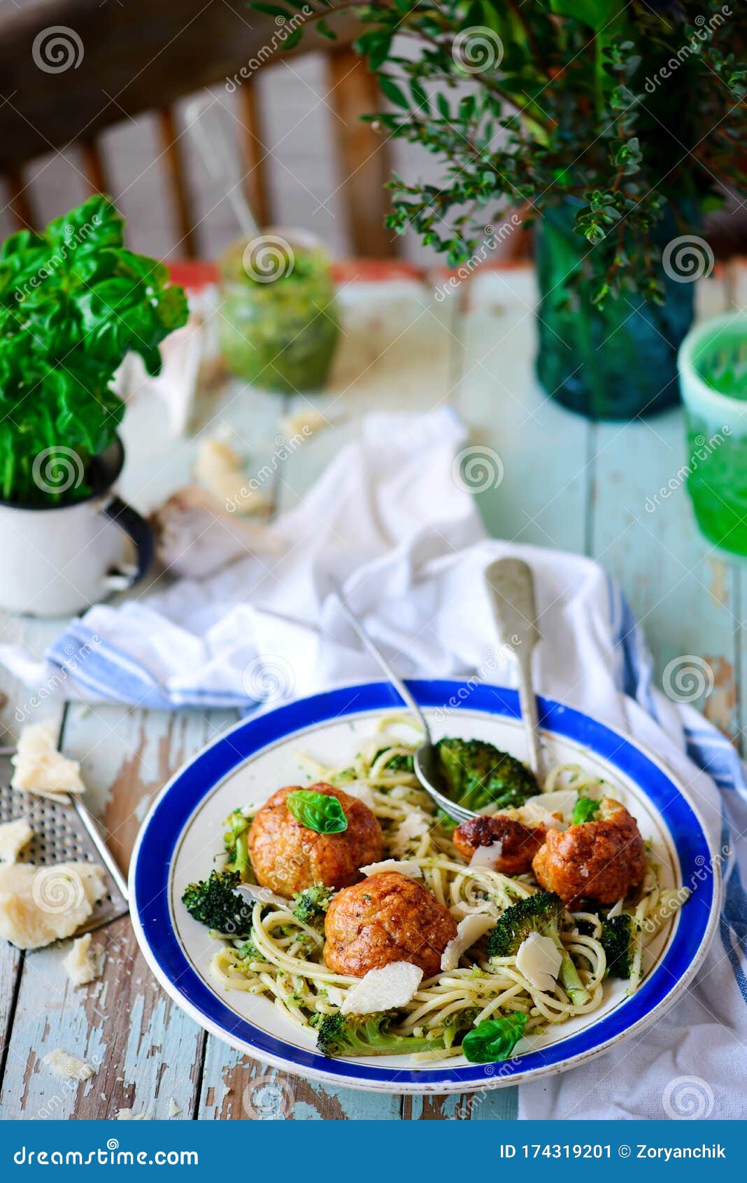 Baked Chicken Meatballs with Broccoli Pesto Pasta.. Style Rustic Stock