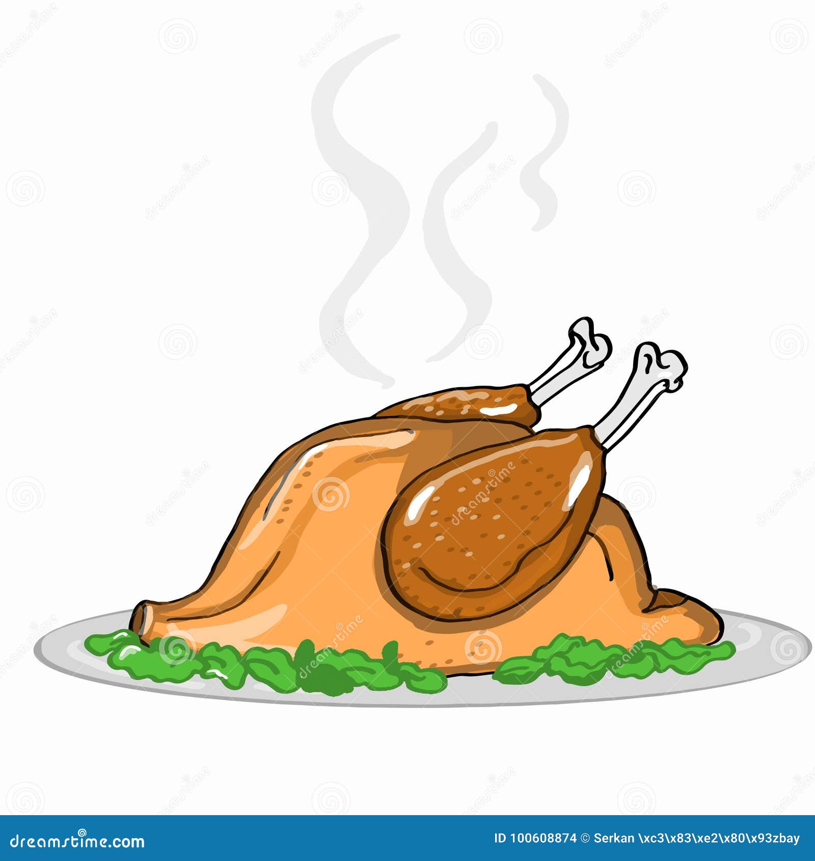 Baked Chicken on the Plate Drawing Illustration White Background Stock ...