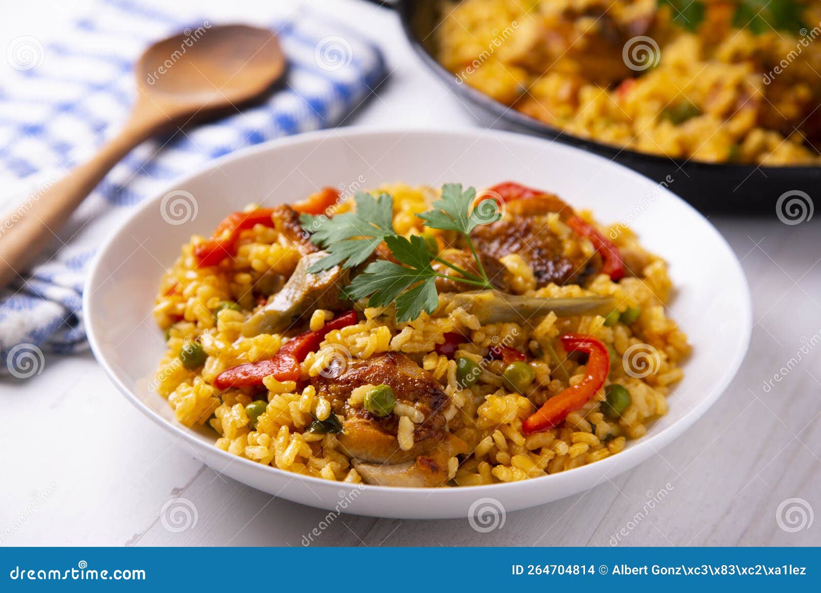 Baked Chicken Rice Paella with Vegetables. Traditional Spanish Recipe