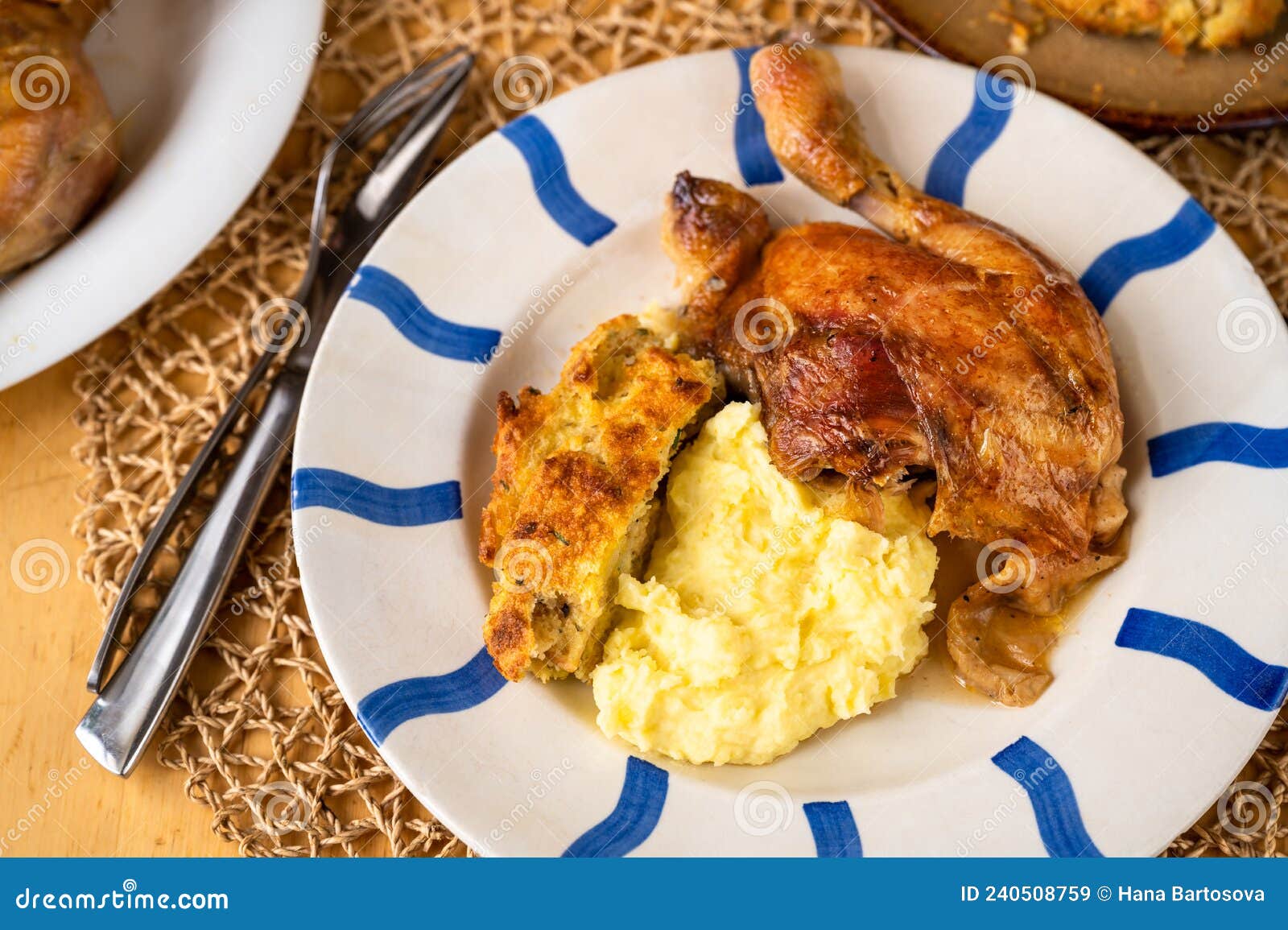 Baked Chicken Thigh, Stuffing and Mashed Potato Stock Image Image of