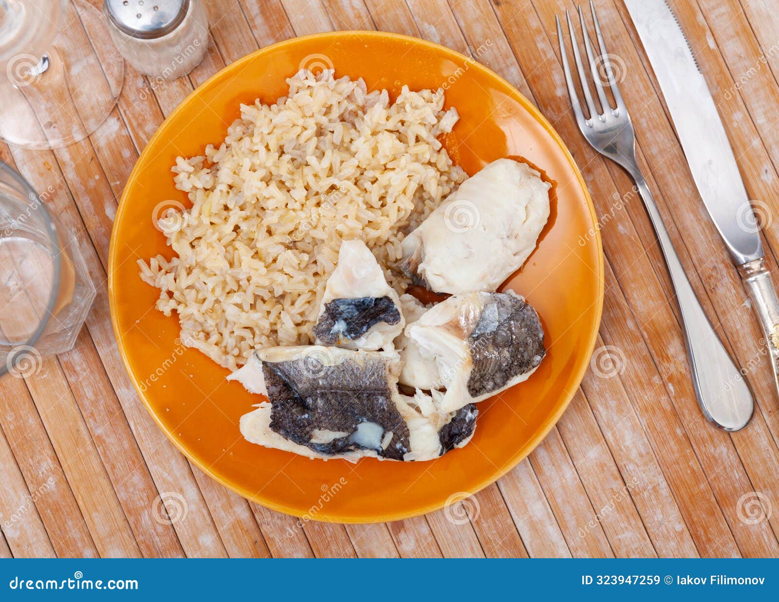 Baked Cod Fillets with Steamed Basmati Rice for Dinner Stock Image ...