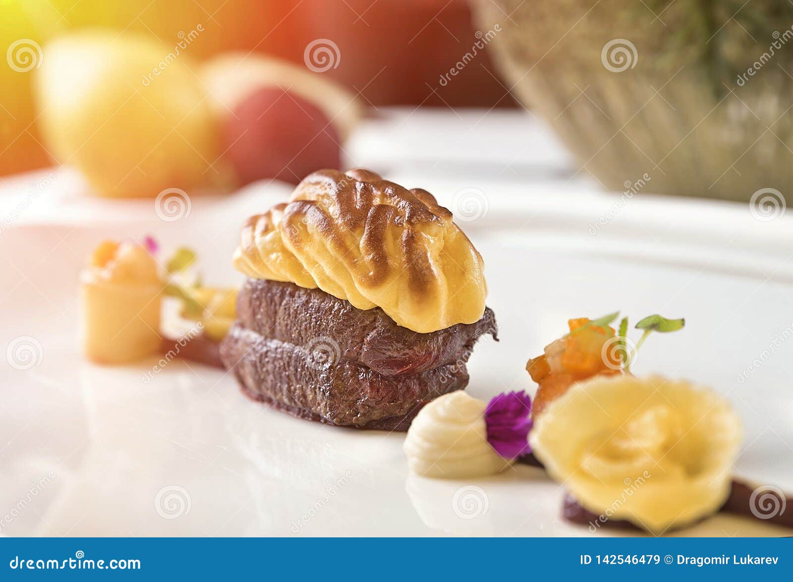 Baked Deer Fillet with Jus Sauce and Root Vegetables Stock Image