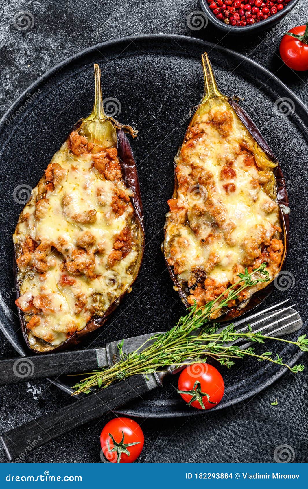 Baked Eggplant with Ground Beef and Cheese. Black Background. Top View Stock Photo Image of