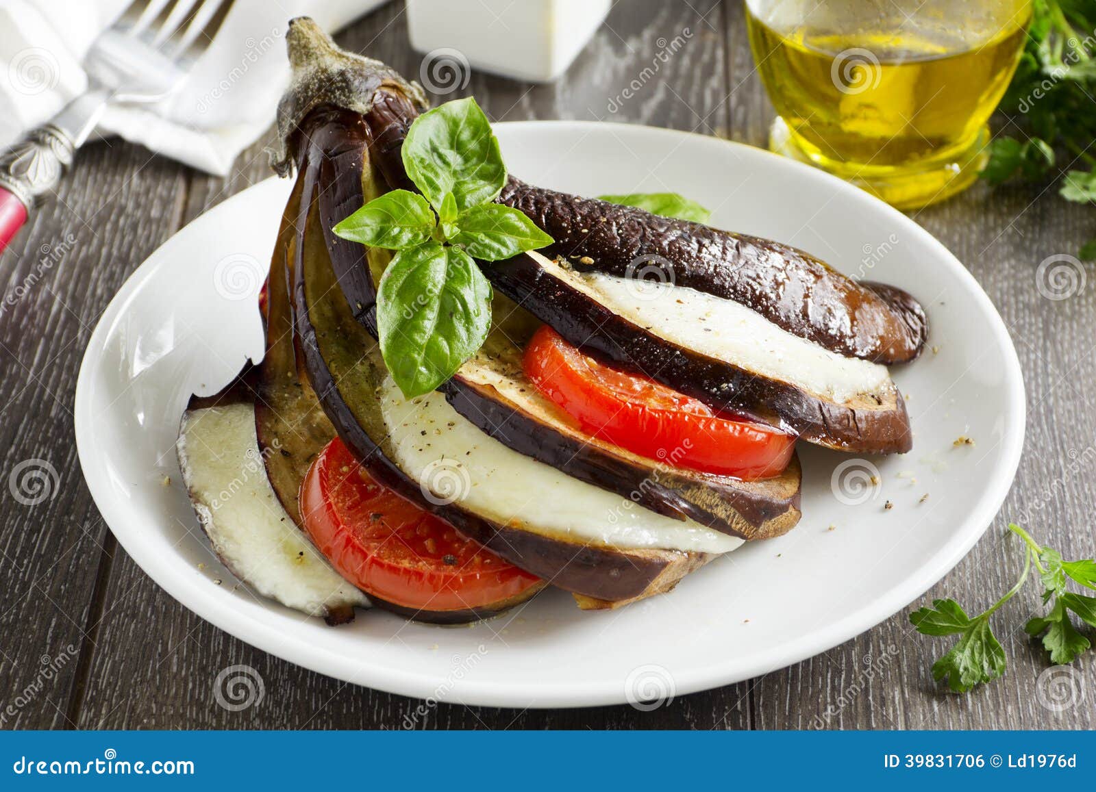 Baked Eggplant with Mozzarella Stock Photo Image of dishware, fork