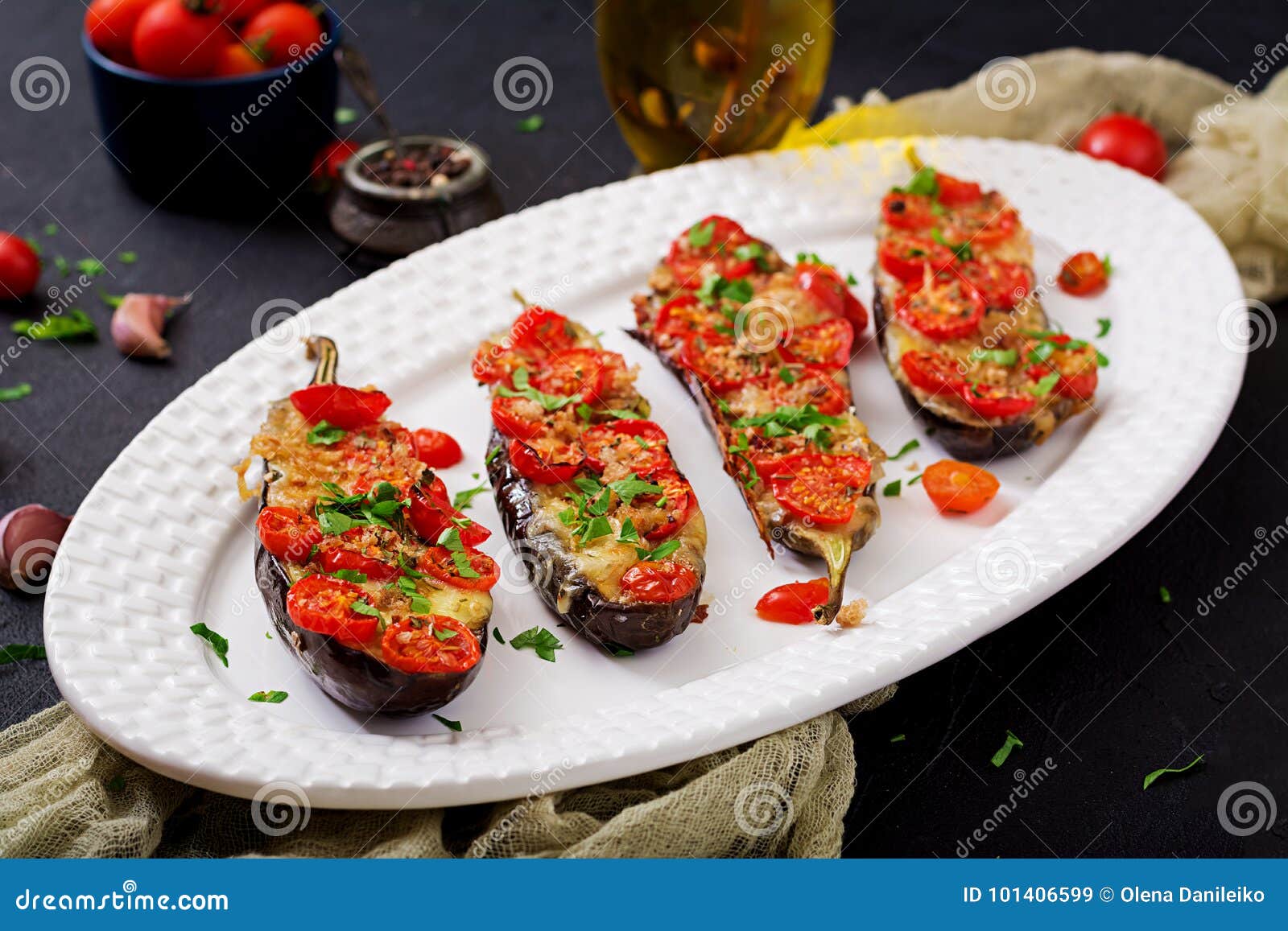Baked Eggplants with Mozzarella and Tomatoes Stock Image Image of