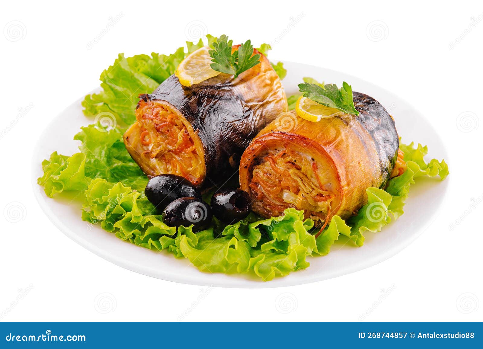 Baked Fillet of Mackerel in Rolls with Carrots and Onions Stock Image