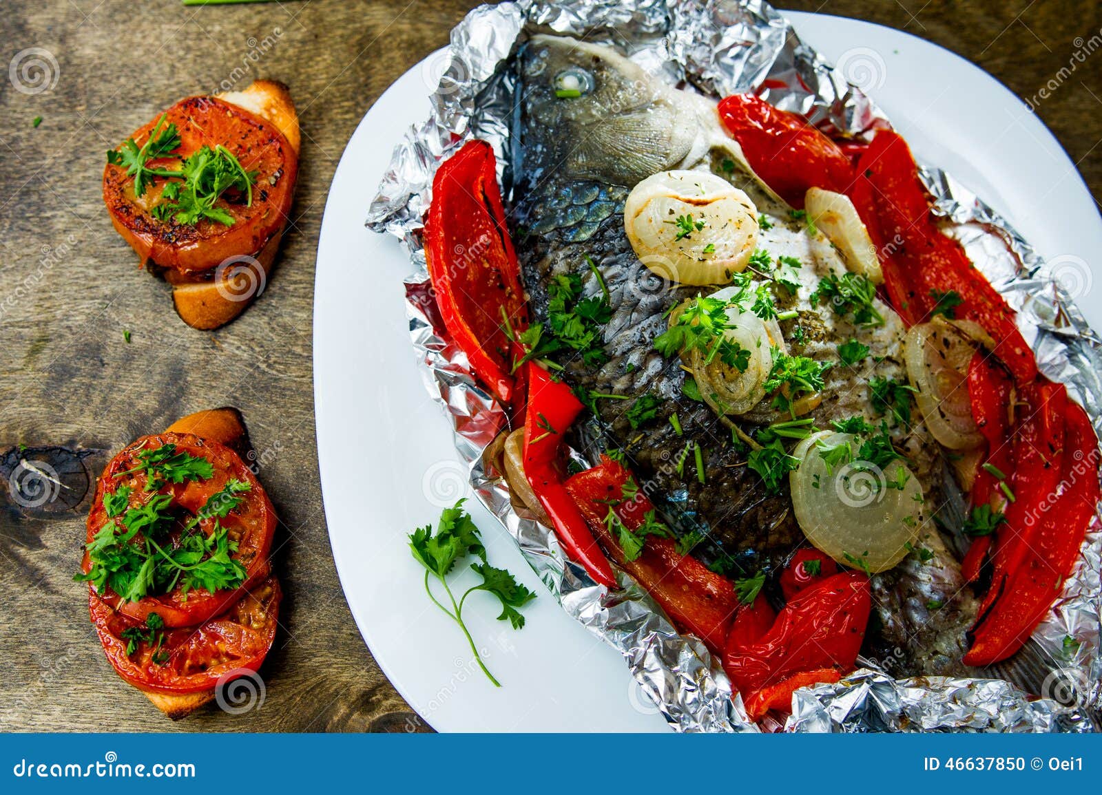 Baked Fish with Bell Peppers, Onions and Herbs Stock Photo Image of