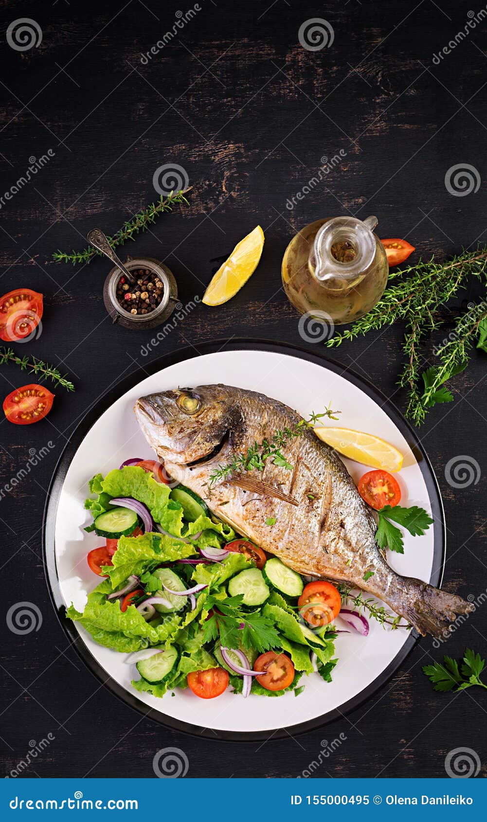 front view fresh fish with lemon on dark background meal salad