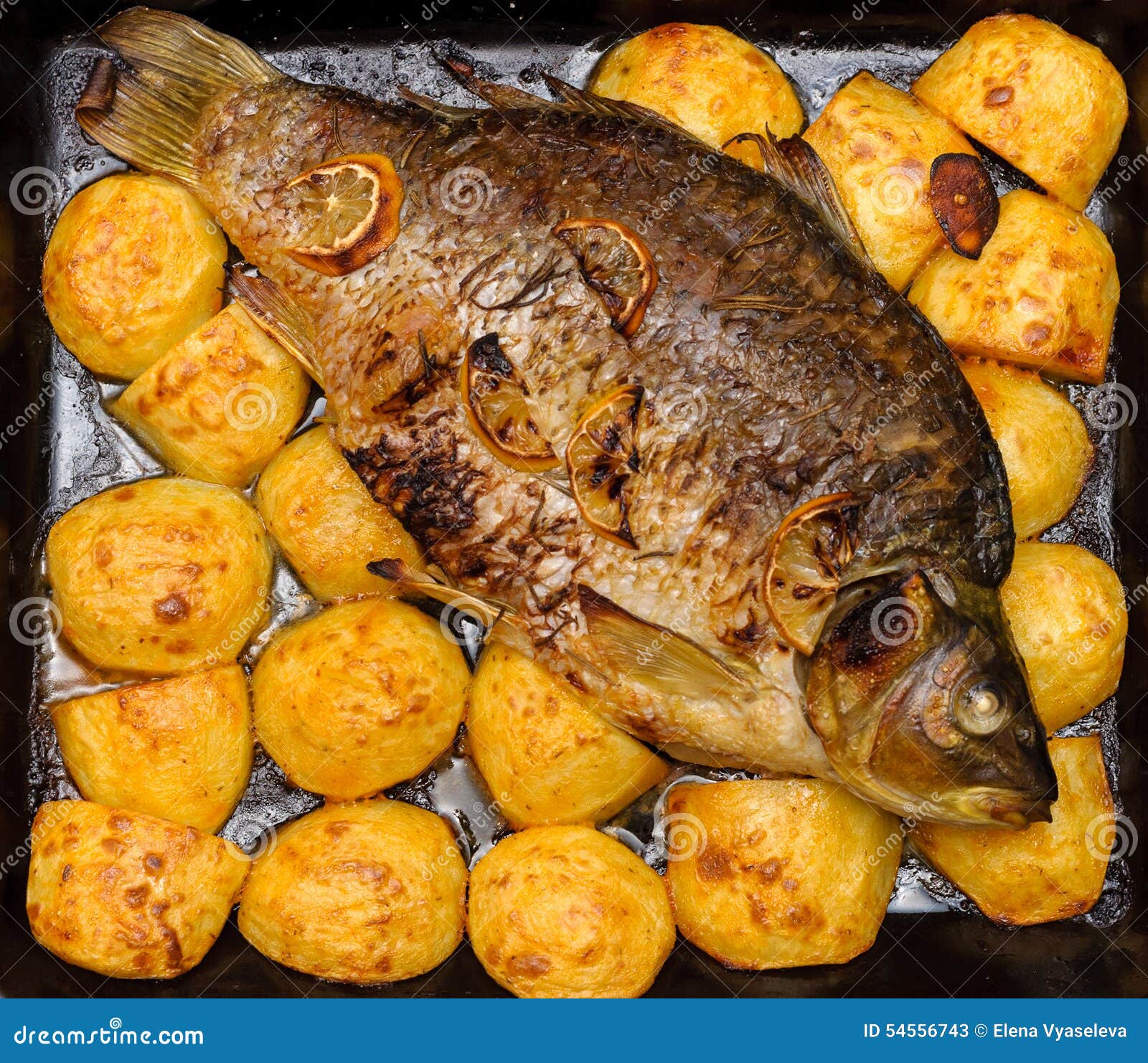 Baked fish with potatoes stock image. Image of drink 54556743