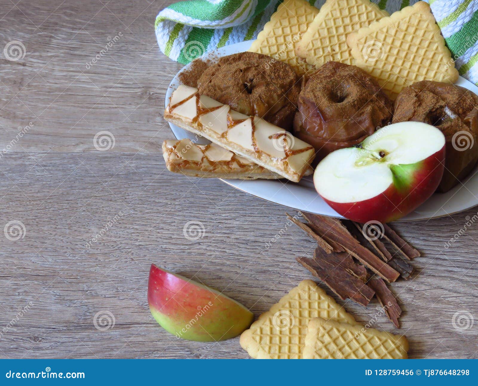 Baked and Fresh Apples, Shortbread Biscuits, and Cinnamon on Rustic ...