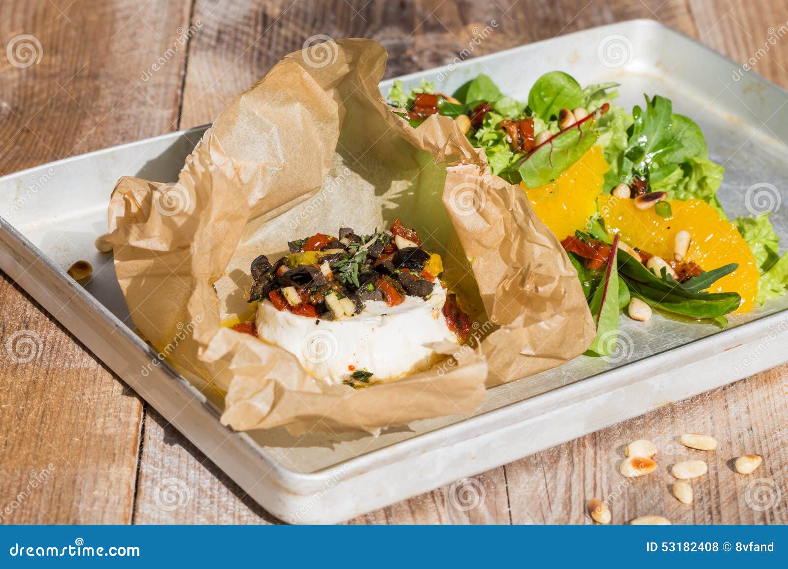 Baked Goat Cheese Mediterranean in Parchment Paper Stock Photo Image
