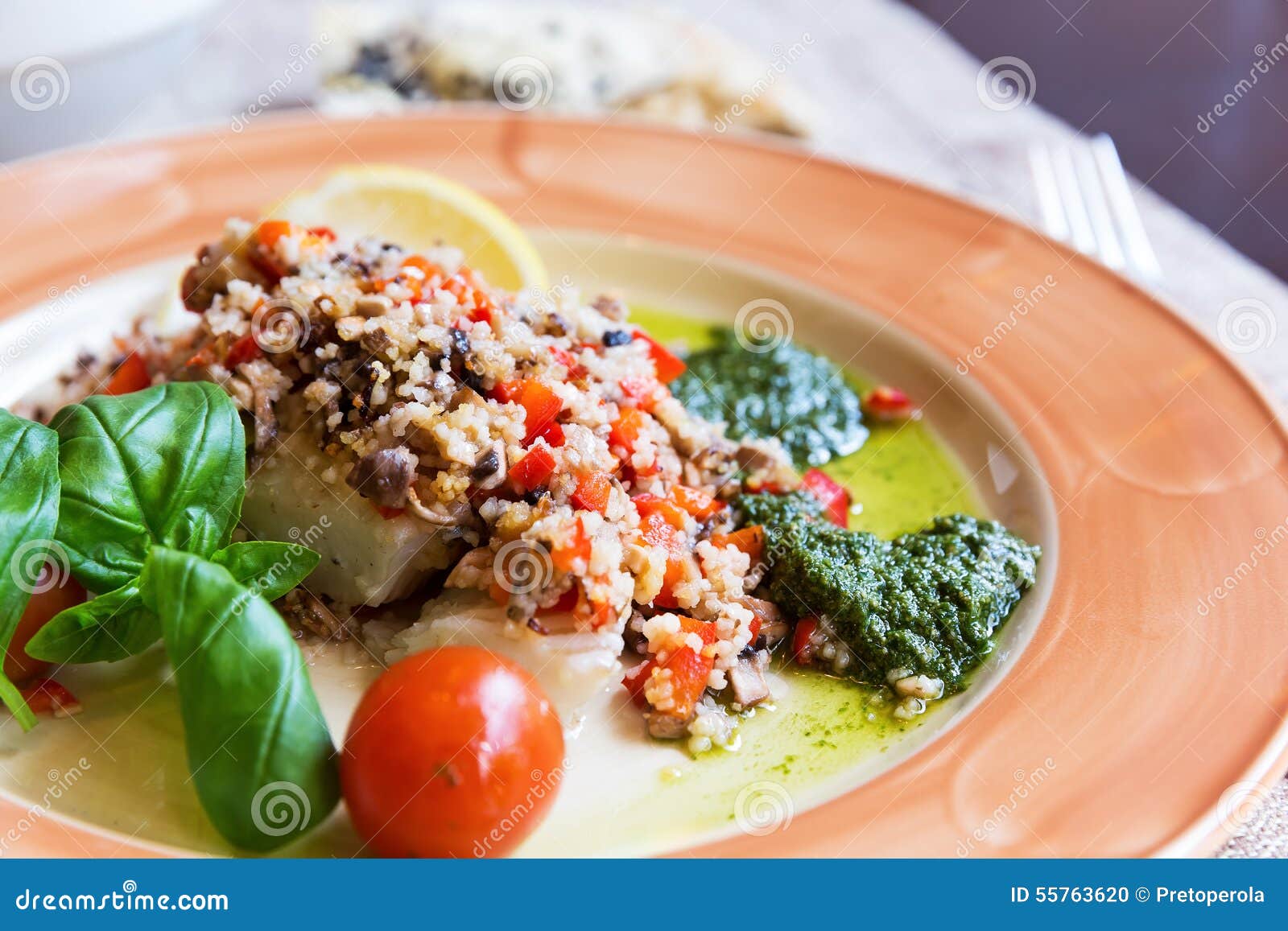 Baked Halibut with Vegetable Garnish Stock Photo Image of couscous