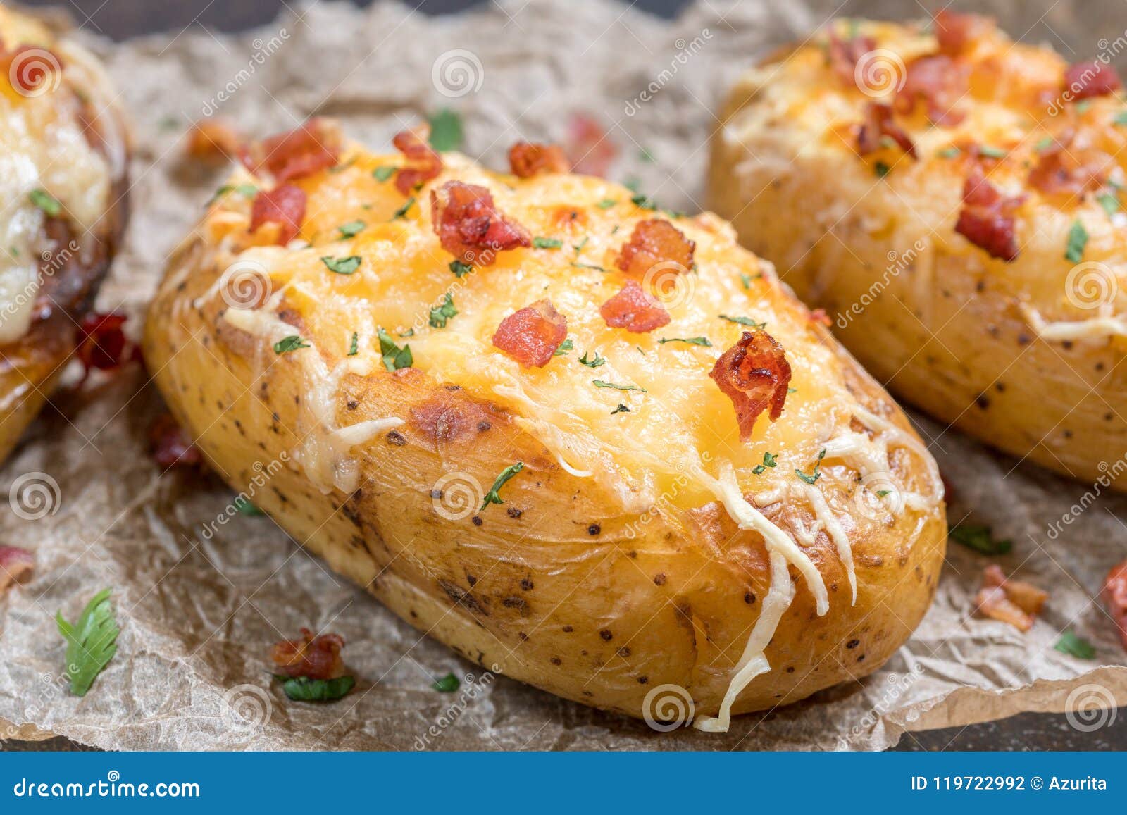 Baked Loaded Potato with Bacon, Cheese and Onion Stock Photo - Image of