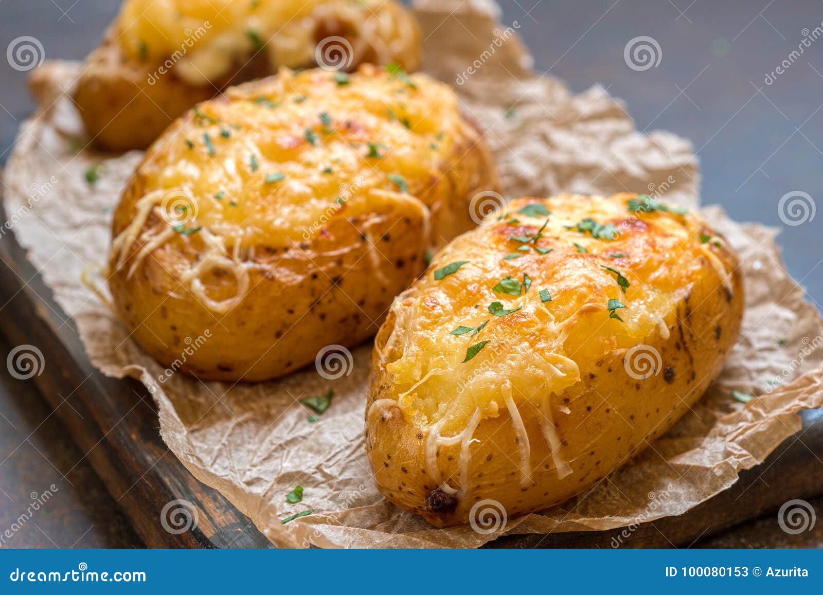 Baked Loaded Potato With Bacon, Cheese And Onion Stock Image - Image of