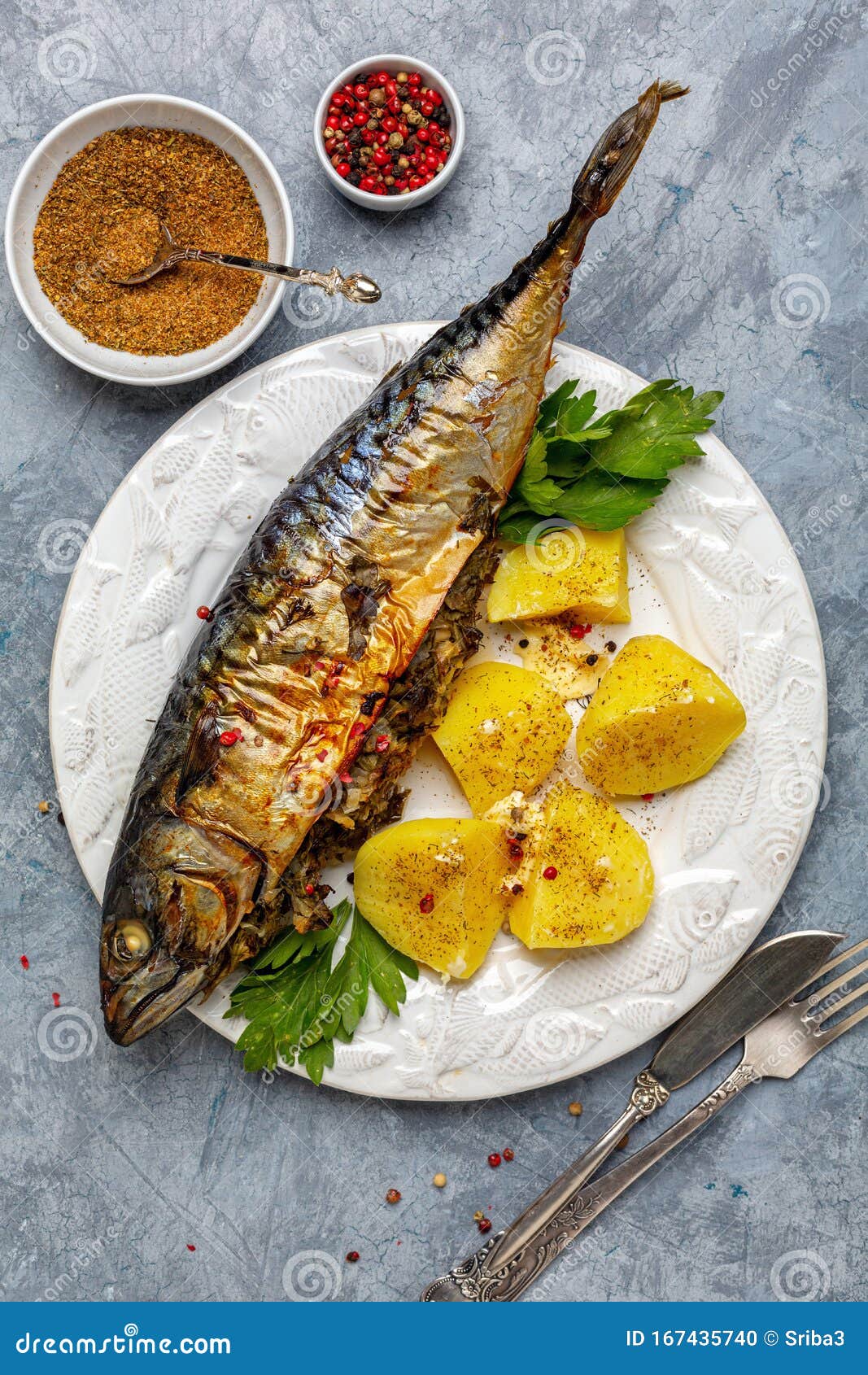 Baked Mackerel with Boiled Potatoes Stock Photo - Image of boiled ...