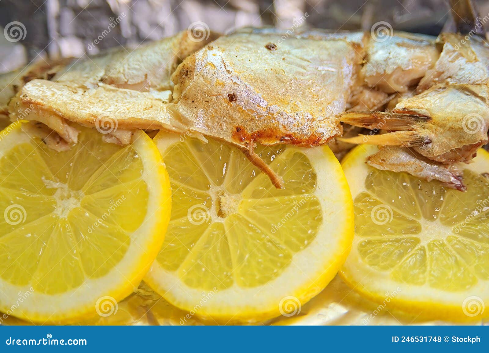 Baked Mackerel Fish with Lemon in Foil. Stock Photo Image of lunch