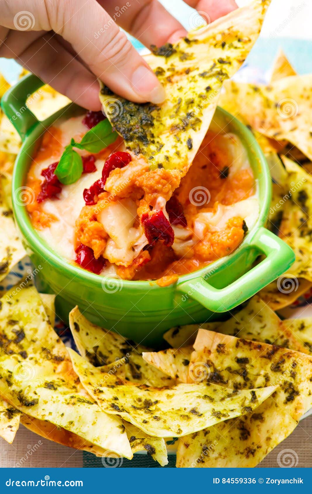 Baked Pizza Dip with Pesto Chips Stock Photo Image of snack, crunchy