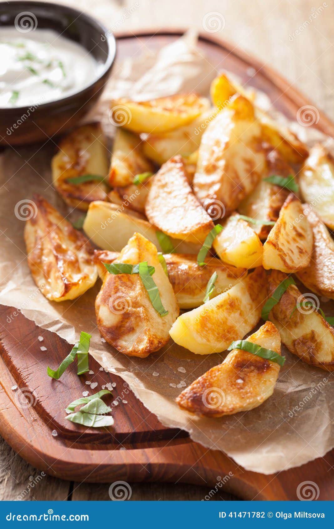 Baked Potato Wedges with Yogurt Dip Stock Photo Image of closeup