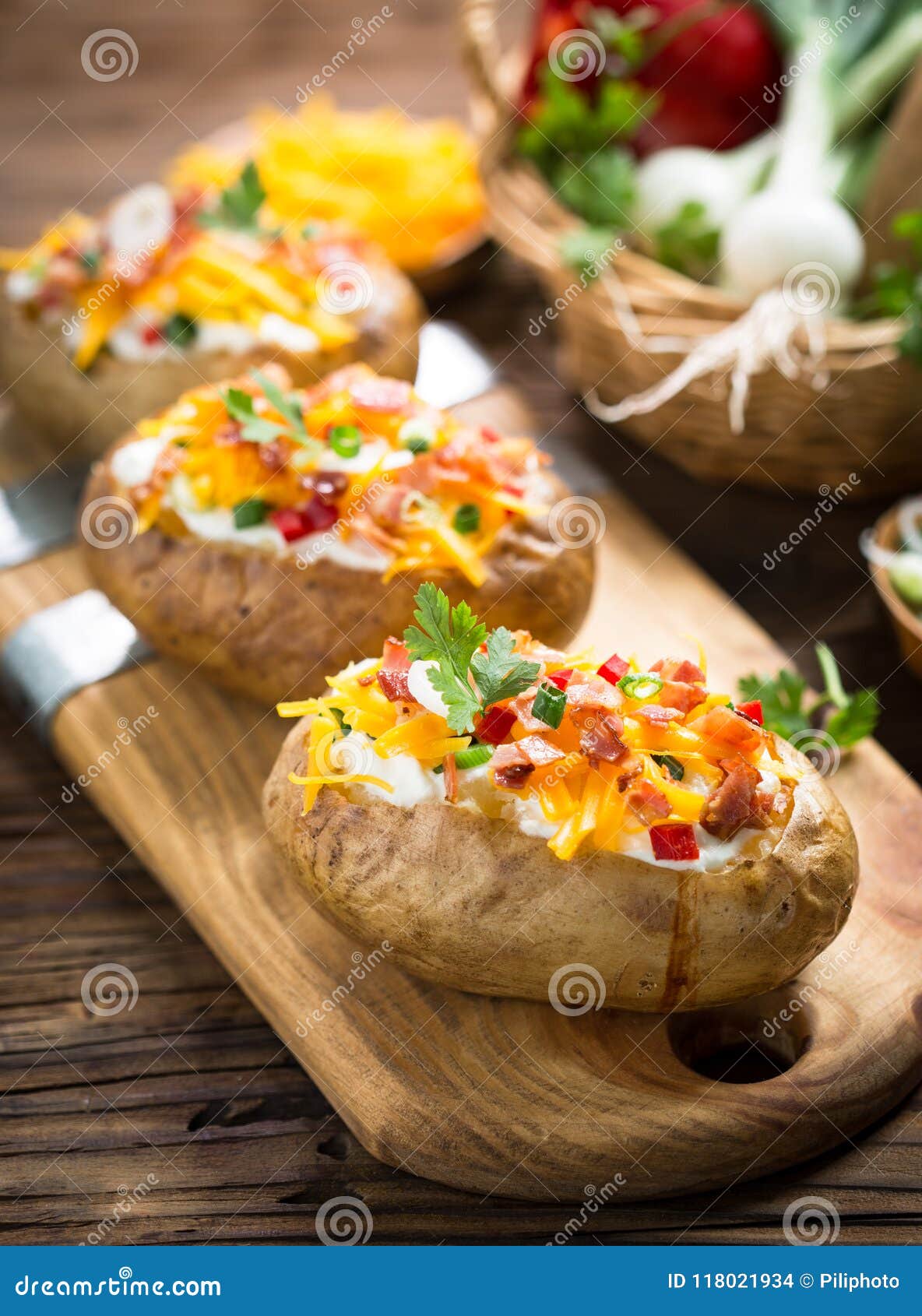 Baked Potatoes with Cheese and Bacon Stock Photo - Image of lunch