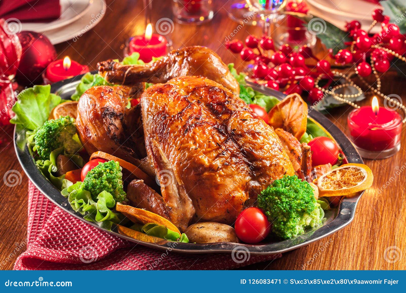 Baked or Roasted Whole Chicken on Christmas Table Stock Image - Image ...
