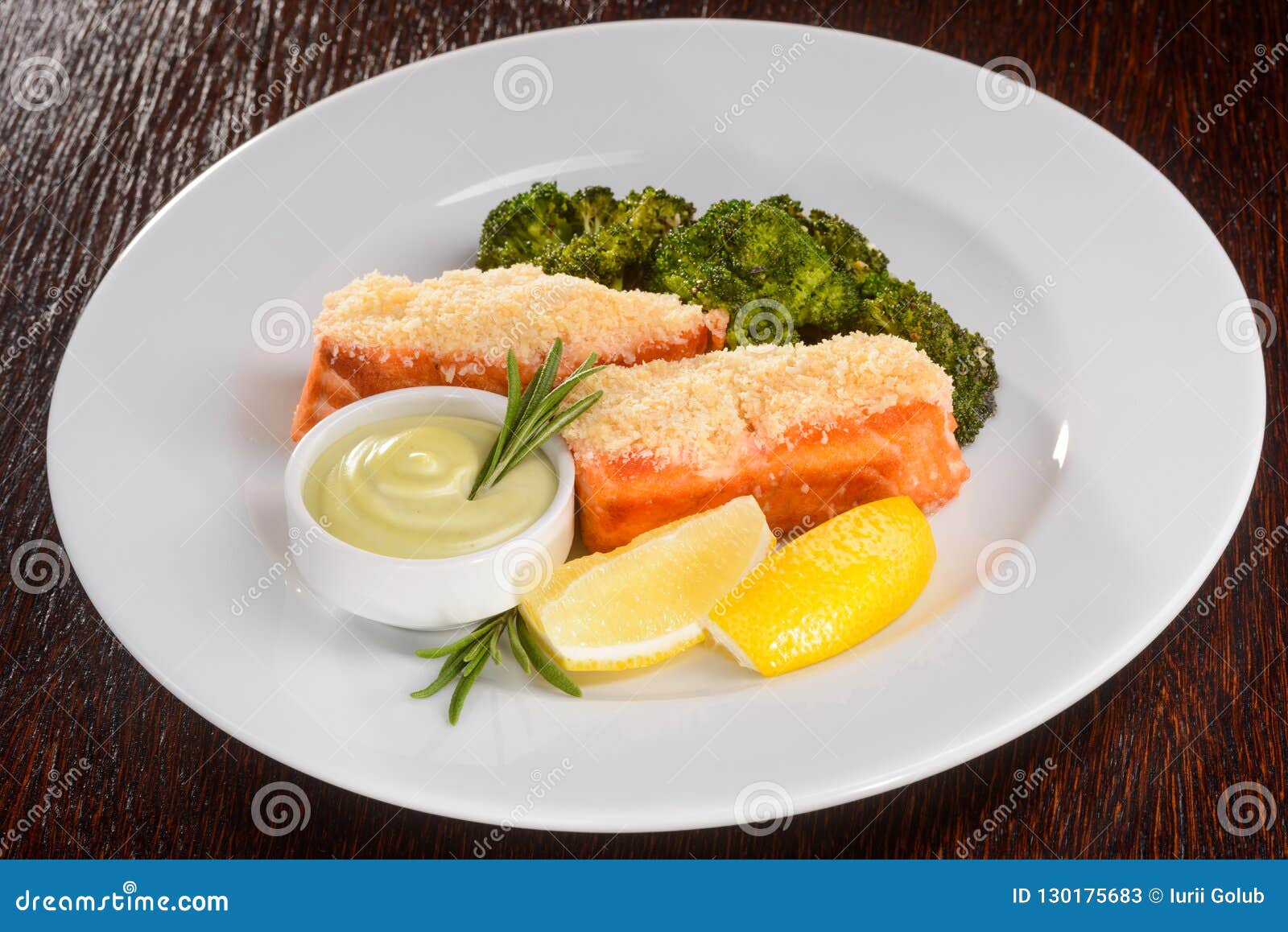 Baked salmon with broccoli stock image. Image of dining - 130175683