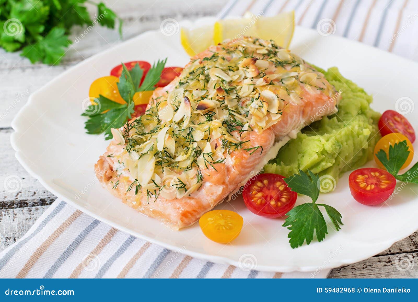 Baked Salmon with Cheese and Almond, with Mashed Potatoes and Green ...