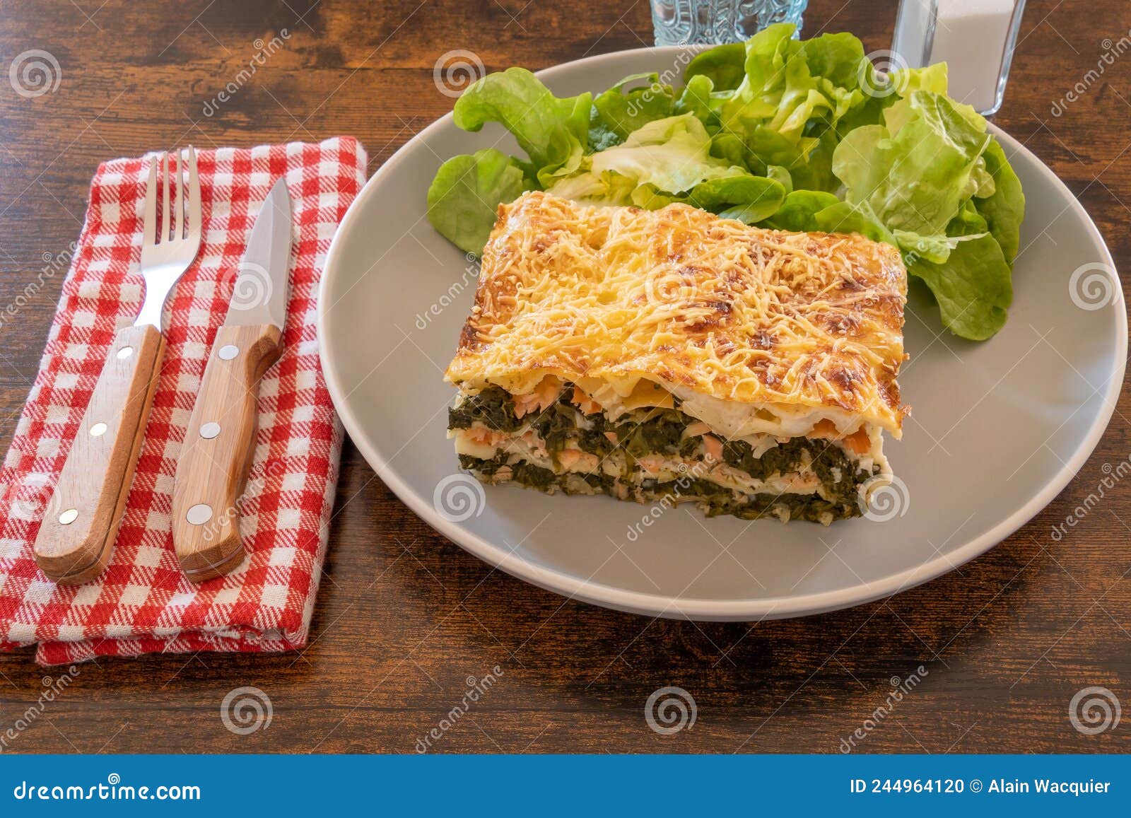 Baked Salmon Lasagna with Cheese and Spinach Stock Photo Image of