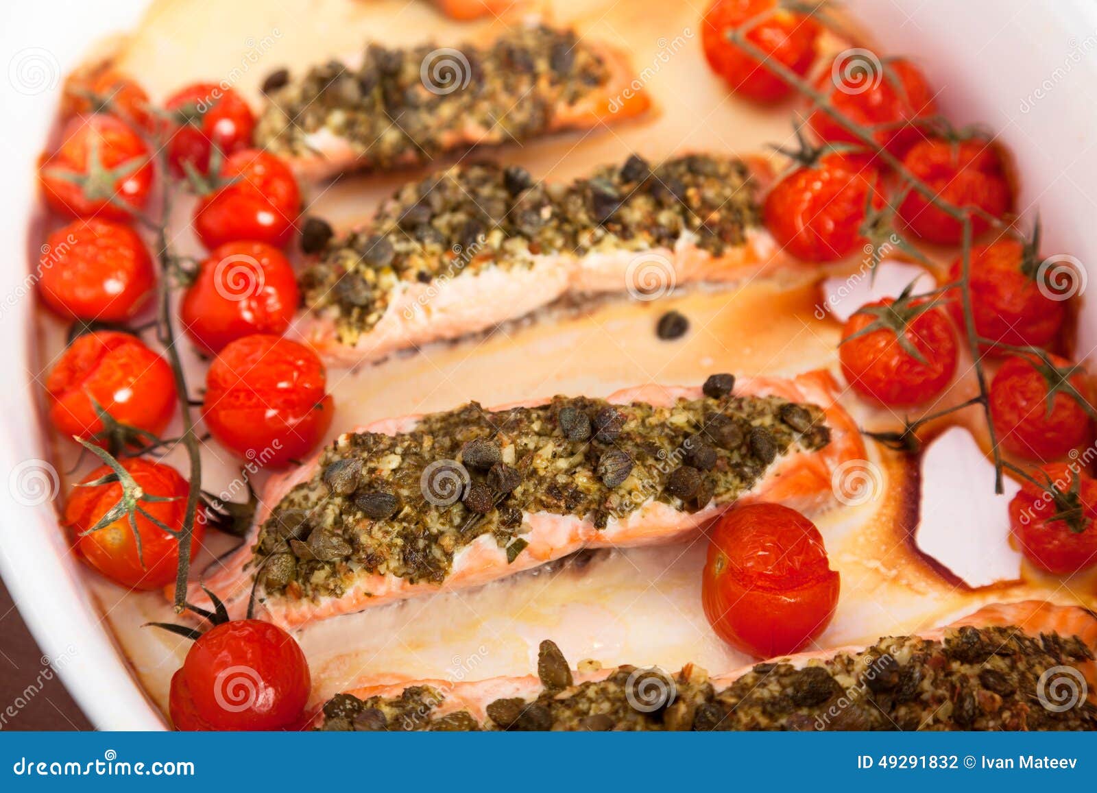 Baked salmon with pesto stock photo. Image of baked, tomato 49291832
