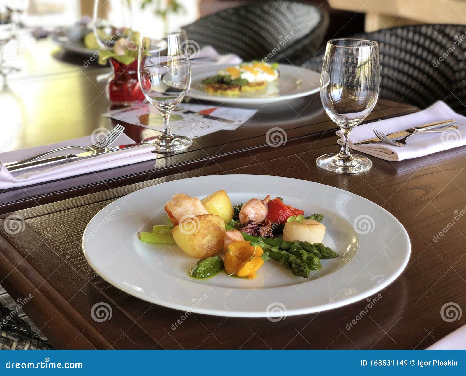 Baked Scallops and Asparagus in a Restaurant Stock Image Image of
