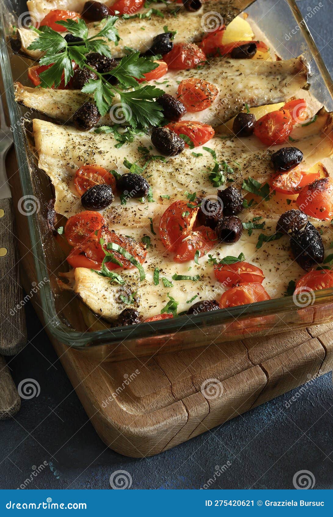 Baked Sea Bass Fillets with Cherry Tomatoes, Olives and Baked Potato ...
