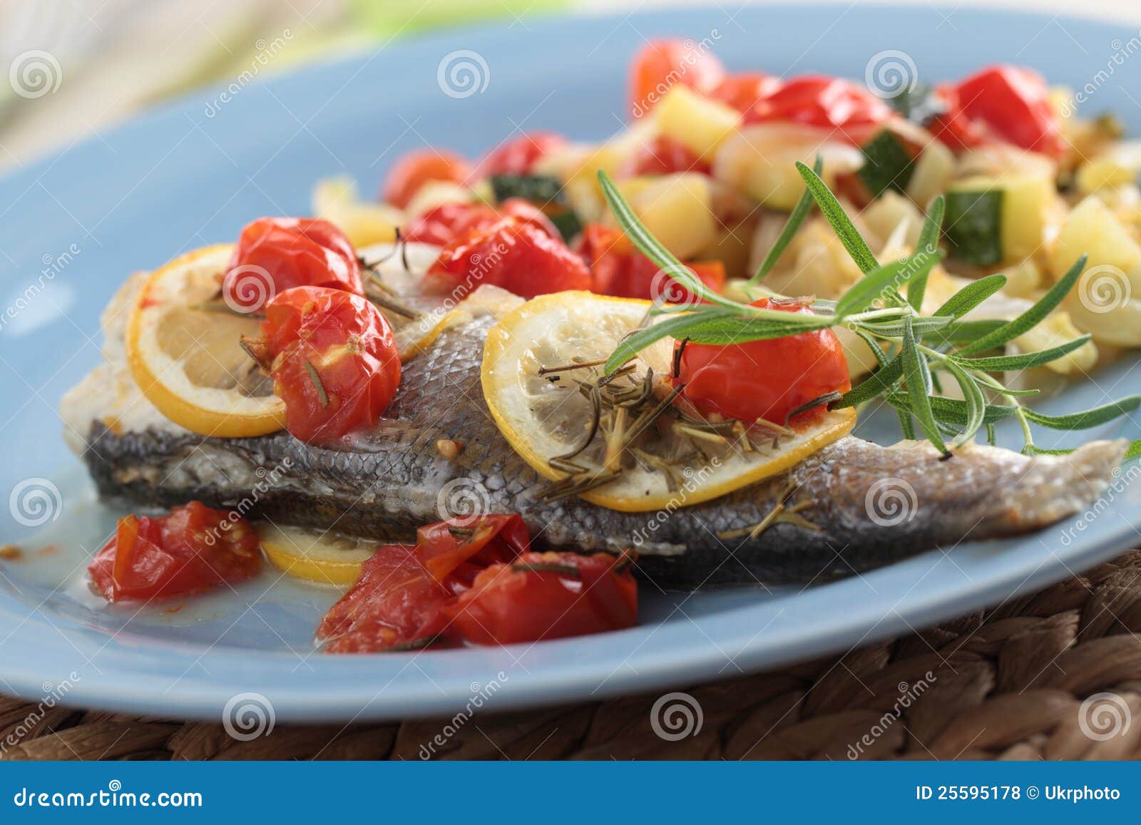 Baked Sea Bass with Vegetables Stock Photo Image of green, closeup