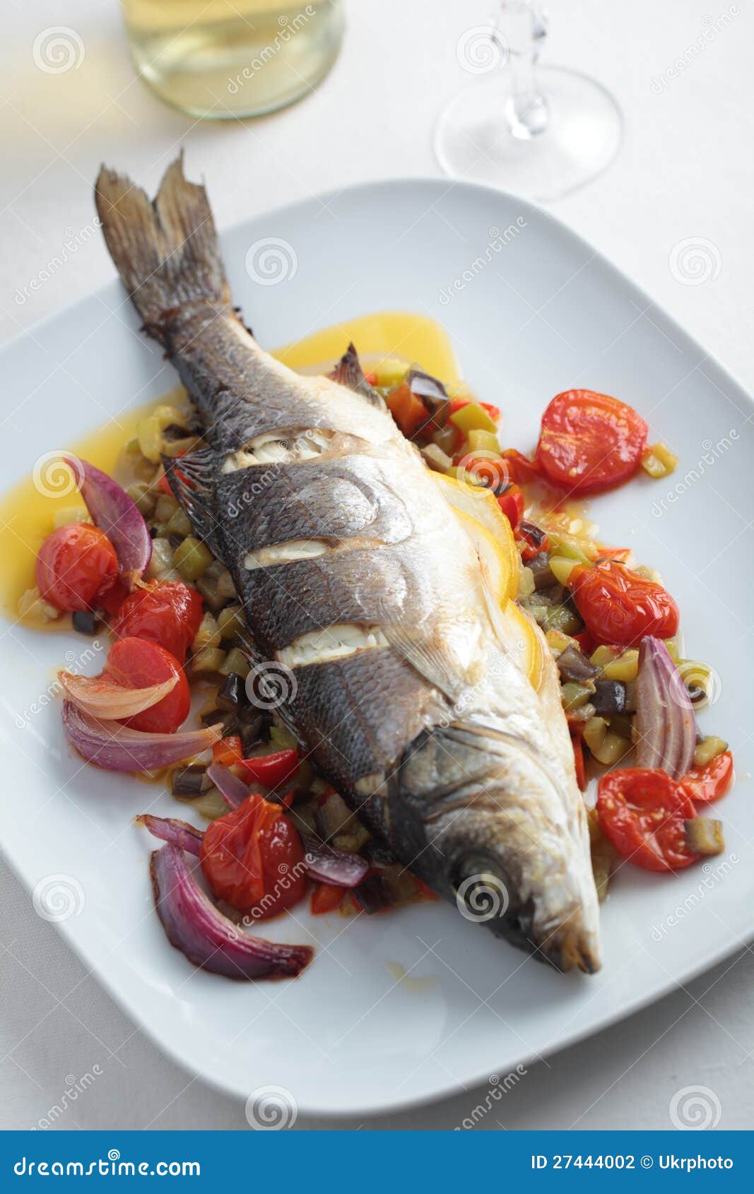 Baked Sea Bass with Vegetables Stock Photo Image of roasted, plate