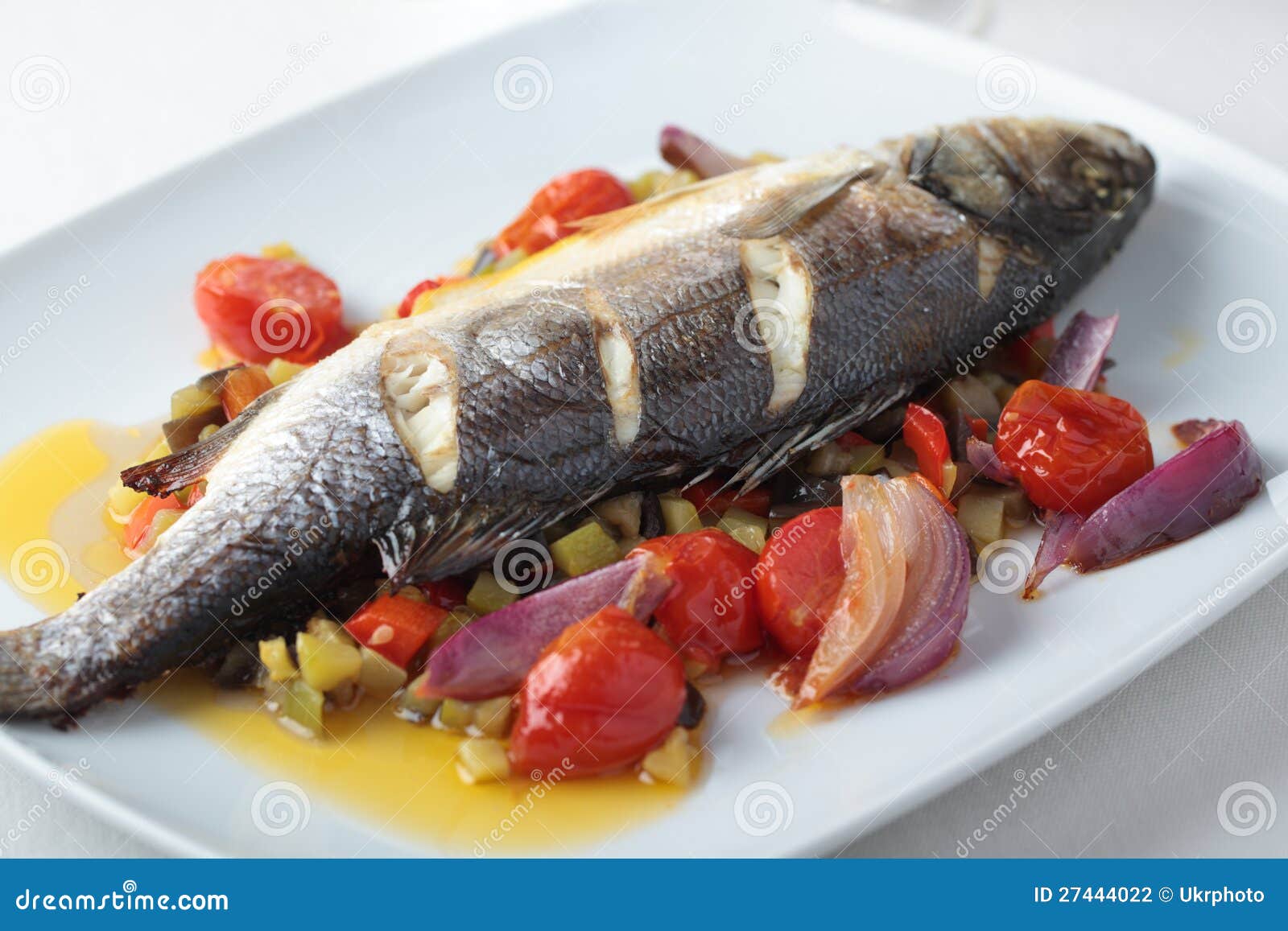Baked Sea Bass with Vegetables Stock Photo Image of baked, tomato