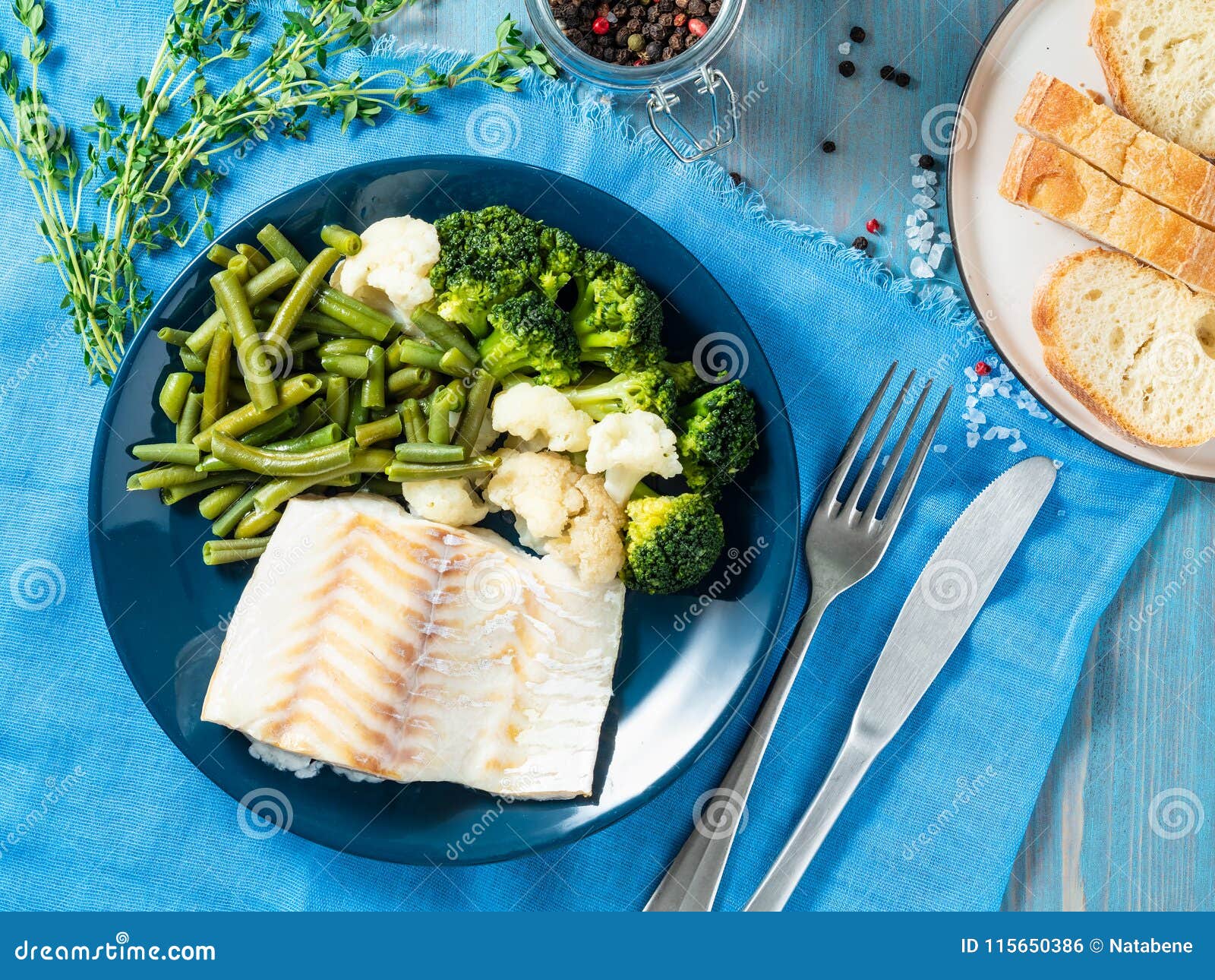 Baked Sea Fish Cod Fillet with Vegetables - Broccoli, Green Bean Stock ...