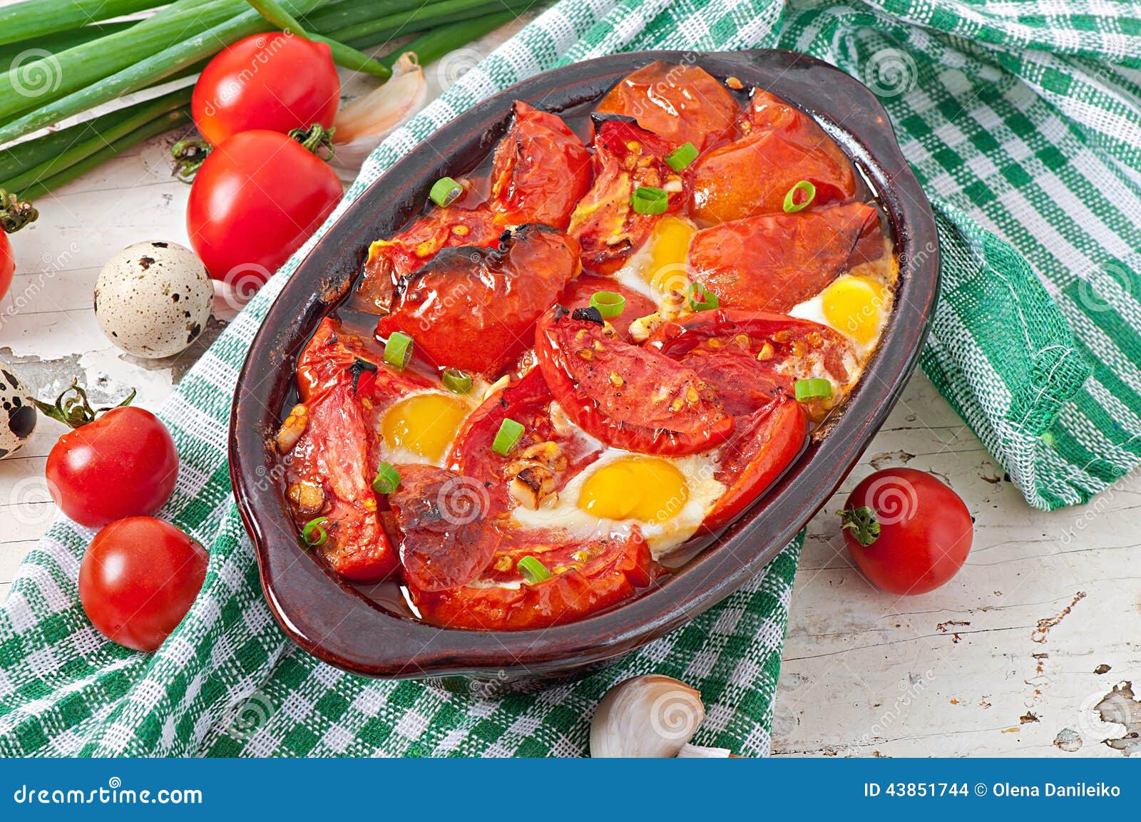 Baked Tomatoes with Garlic and Eggs Stock Photo Image of diet, quail