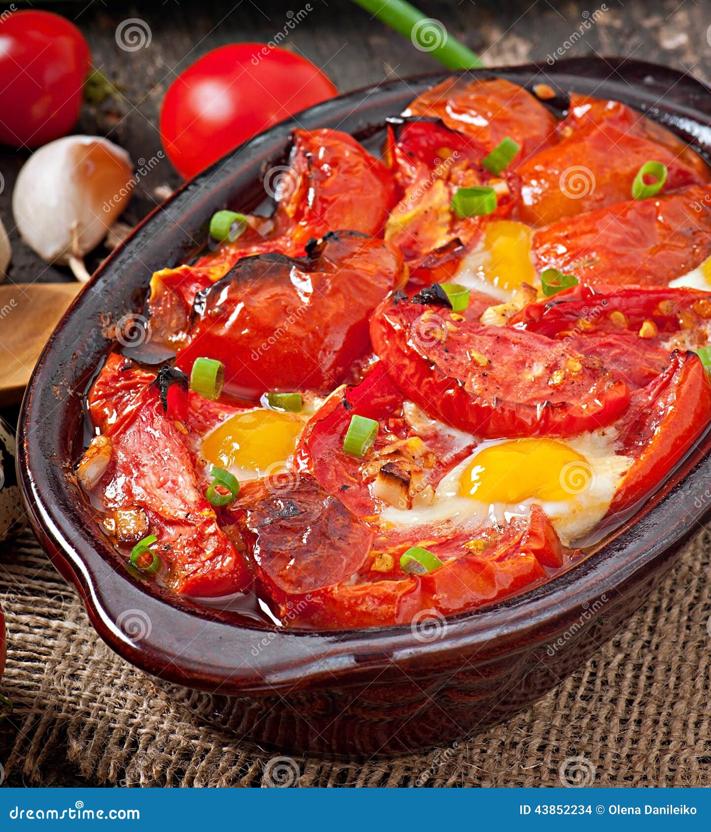 Baked Tomatoes with Garlic and Eggs Stock Photo Image of macro, plate