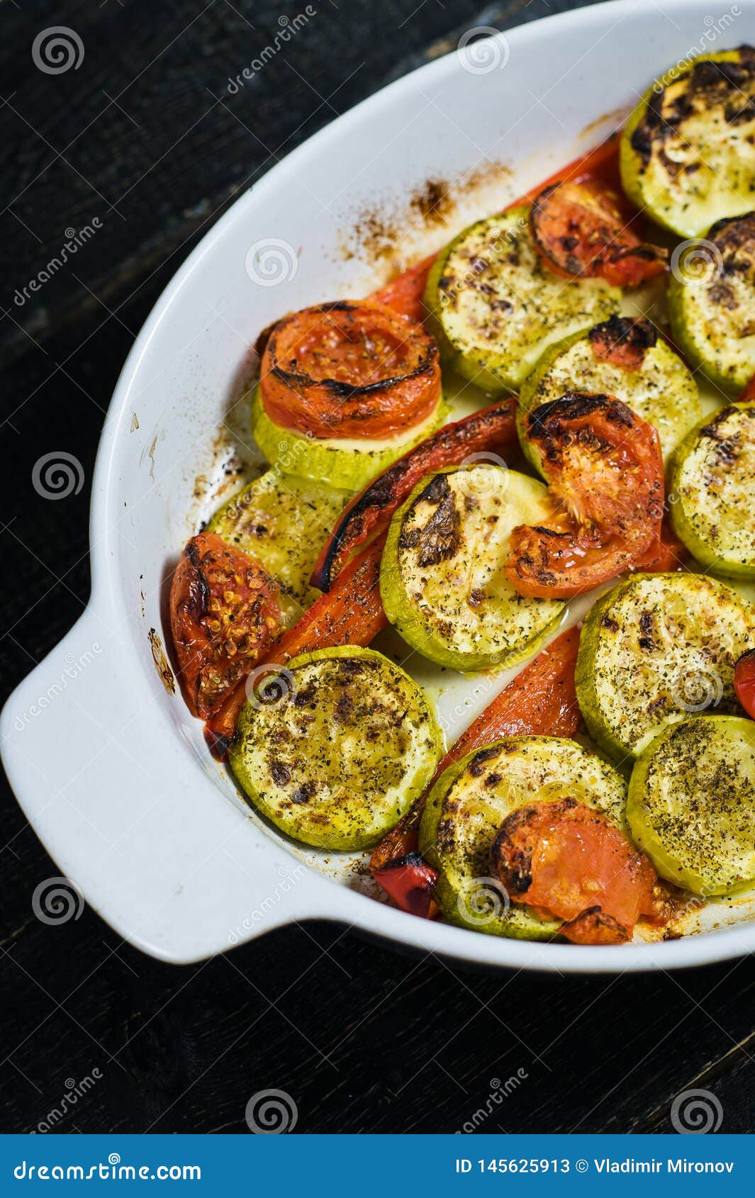 Baked Vegetables in Baking Dish, Zucchini, Bell Pepper and Zucchini